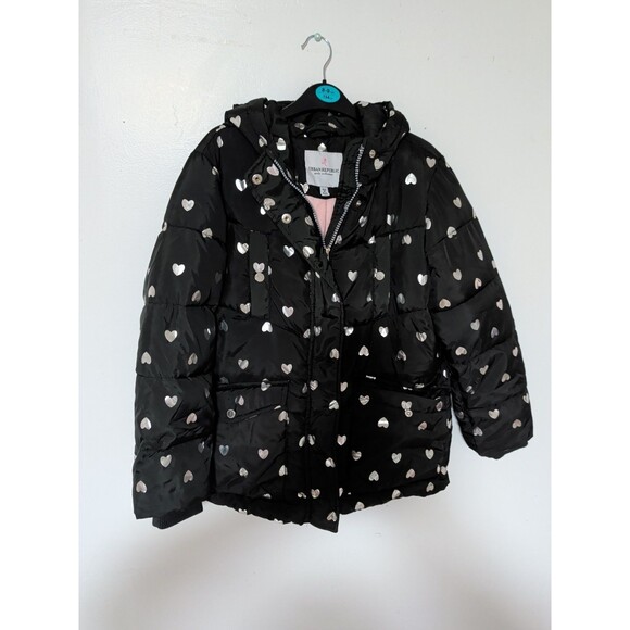 Puffer Coat Jacket Kids 10 /12 Winter Hooded Pockets Shiny Hearts Warm Fleece - Picture 1 of 6